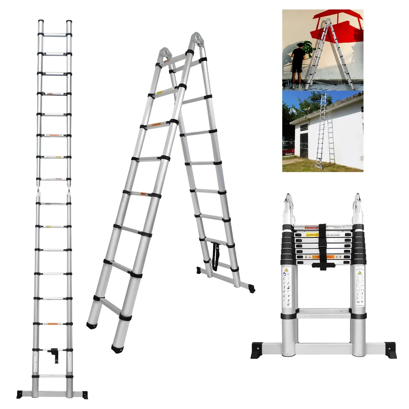 Telescoping ladder shown three ways: fully extended straight, A-frame, and folded compact